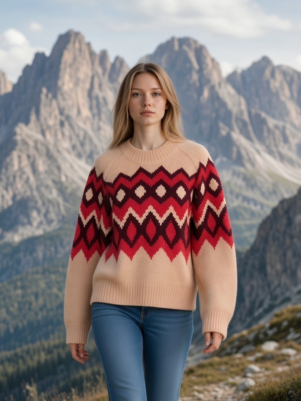Joie Nataly Pink Sand Womens XS Crewneck with Red & Burgundy Fair Isle Pattern